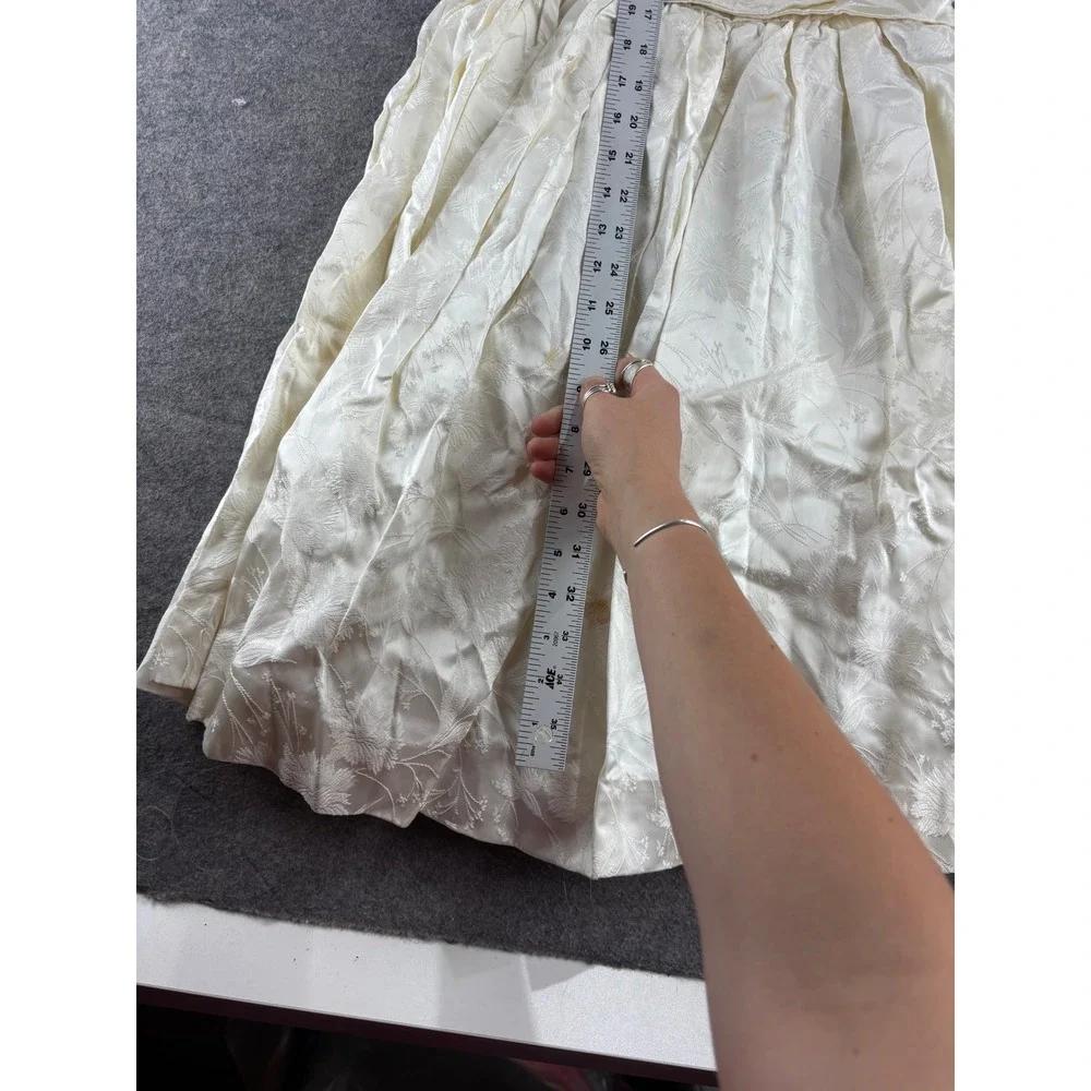 VTG Handmade Cream Jacquard Floral Cummerbund Mini Dress XS? Wedding Chic Preppy